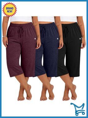 Plus Size Capri Sweatpants 3 Pack Pockets Drawstring Lounge